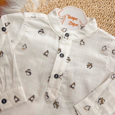 Conj. Camisa Manga Longa Pinguins e Calça em Sarja - Off White e Ferrugem